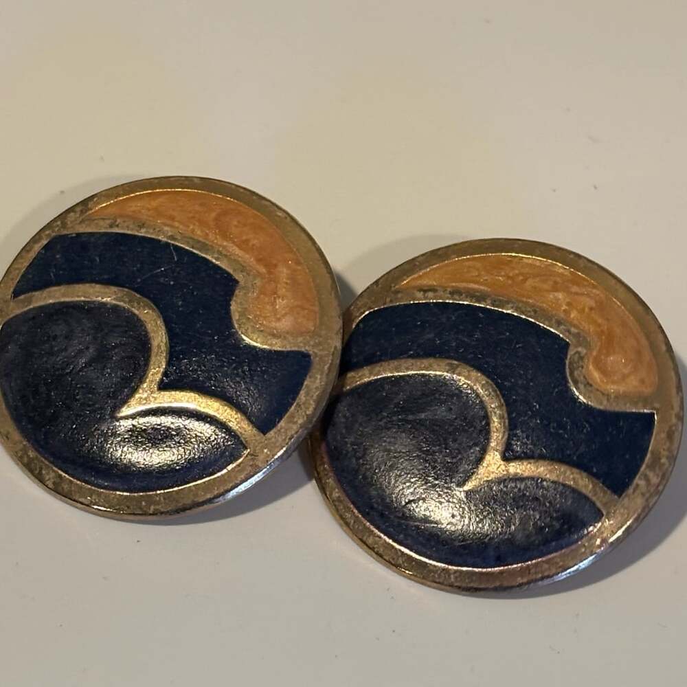Vintage Enamel Earrings Blue Orange Gold Tone
